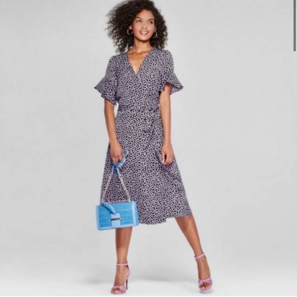 Who What Wear Black and Purple Polka Dot Wrap Dress